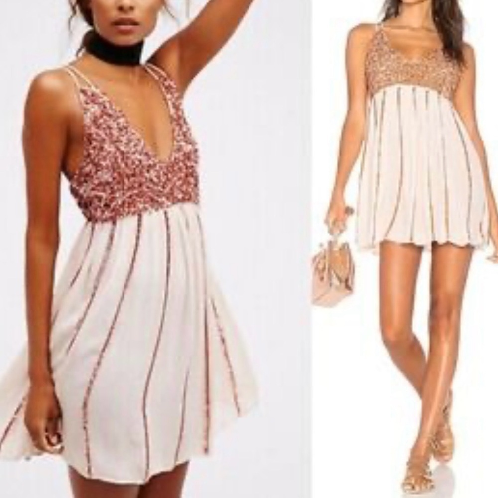 Intimately Free People | NWT Rose Gold Pink Sequined V-Neck Strappy Slip Dress S - Picture 2 of 5